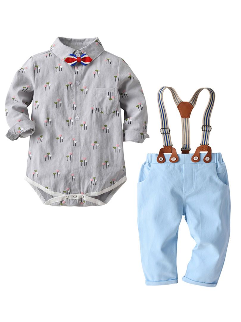 4 PCS Gentleman Style Set Bowtie Flower Print Romper Shirt and Adjustable Shoulder Straps Light Blue Overalls - dianjiang-