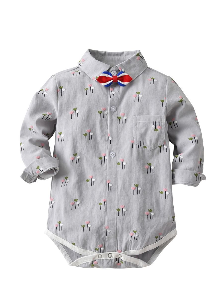 Gentleman Style Romper Foral Infant Baby Boy Playsuit with Color-blocking Bowtie - dianjiang-