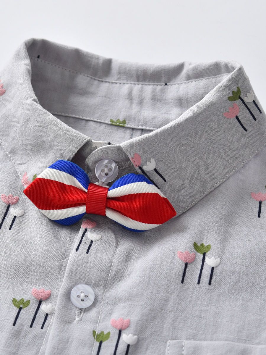 Gentleman Style Romper Foral Infant Baby Boy Playsuit with Color-blocking Bowtie - dianjiang-