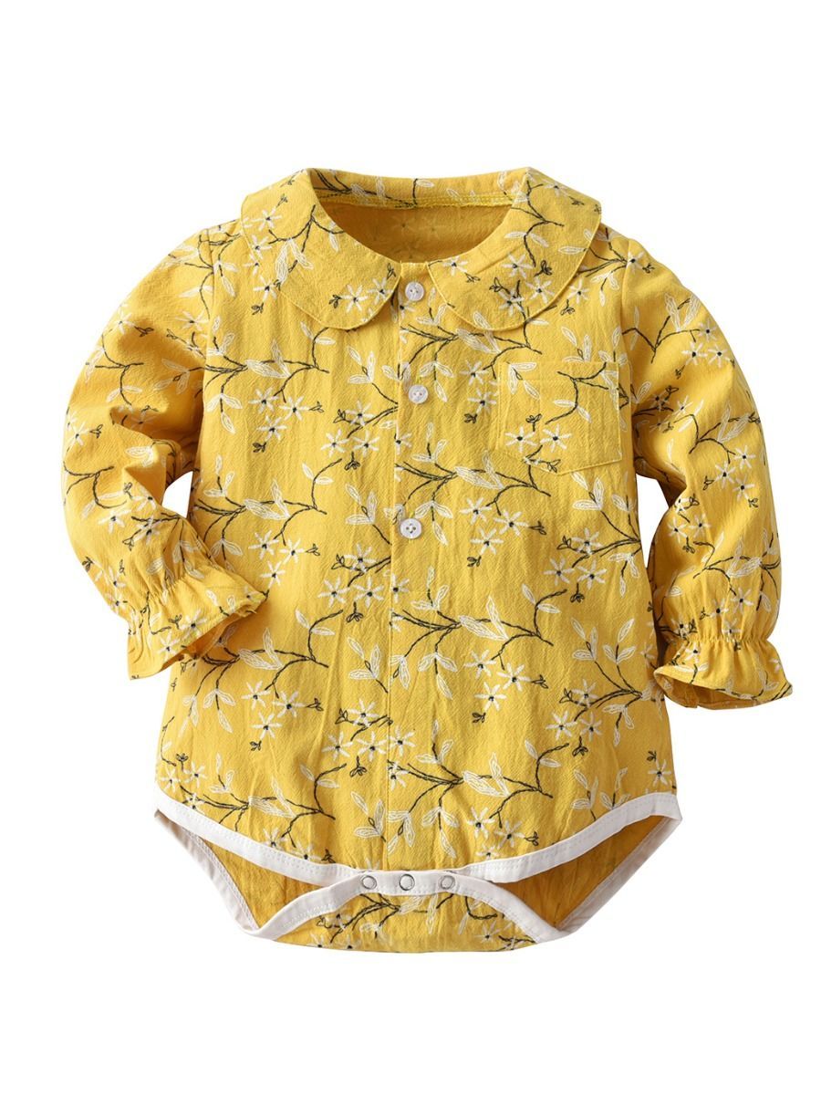 Cotton Cute Floral Onesie Peter Pan Collar Baby Girl Romper Ruffled Cuff - dianjiang-