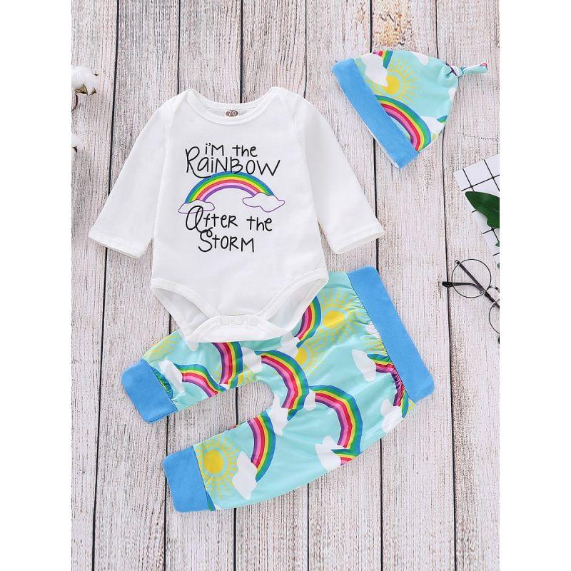 Rainbow Outfit 3-piece Bodysuit Long Sleeve +Rainbow Sun Print Pants+Hat - dianjiang-