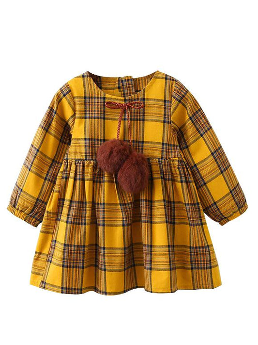 One-Piece Dress Little Big Girl Pom Pom Plaid Casual Dress Spring Autumn - dianjiang-