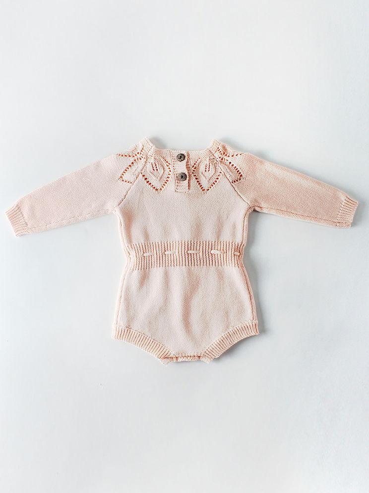 Leaf Crochet Pattern Romper Spanish Style Baby Girl Cotton Pink/White Bodysuit - dianjiang-