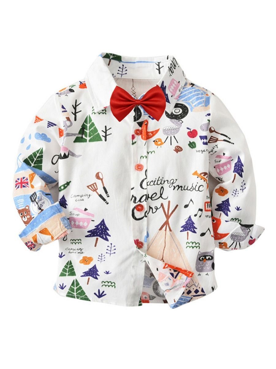 Spring Autumn Cartoon Print Cotton Shirt with Bow Tie for Baby Big Kids  - dianjiang-