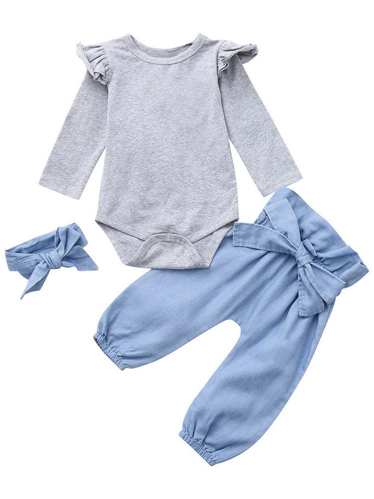 3-piece Casual Clothes Set Flutter Sleeve Grey Bodysuit and Big Bow Blue Pants and Headband - dianjiang-