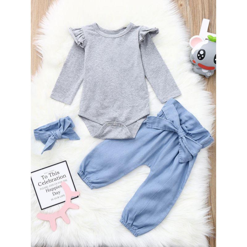 3-piece Casual Clothes Set Flutter Sleeve Grey Bodysuit and Big Bow Blue Pants and Headband - dianjiang-