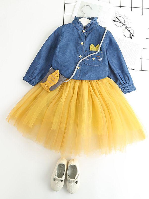 Toddler Big Girl Denim Tulle Patchwork Casual Dress Spring - dianjiang-