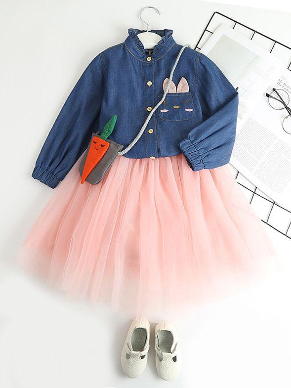 Toddler Big Girl Denim Tulle Patchwork Casual Dress Spring - dianjiang-