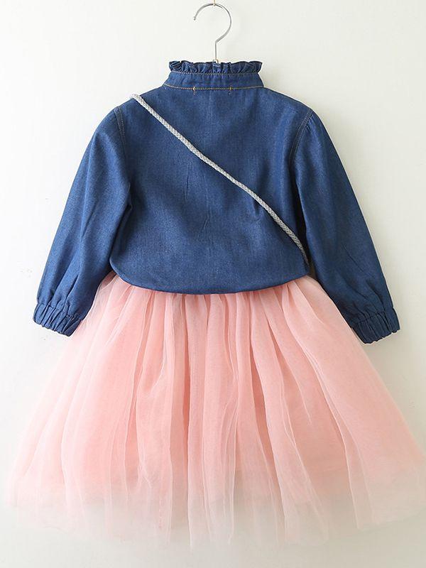 Toddler Big Girl Denim Tulle Patchwork Casual Dress Spring - dianjiang-