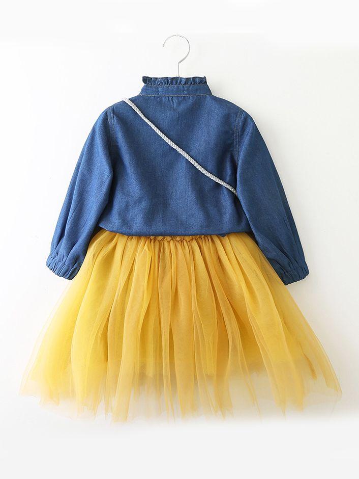 Toddler Big Girl Denim Tulle Patchwork Casual Dress Spring - dianjiang-