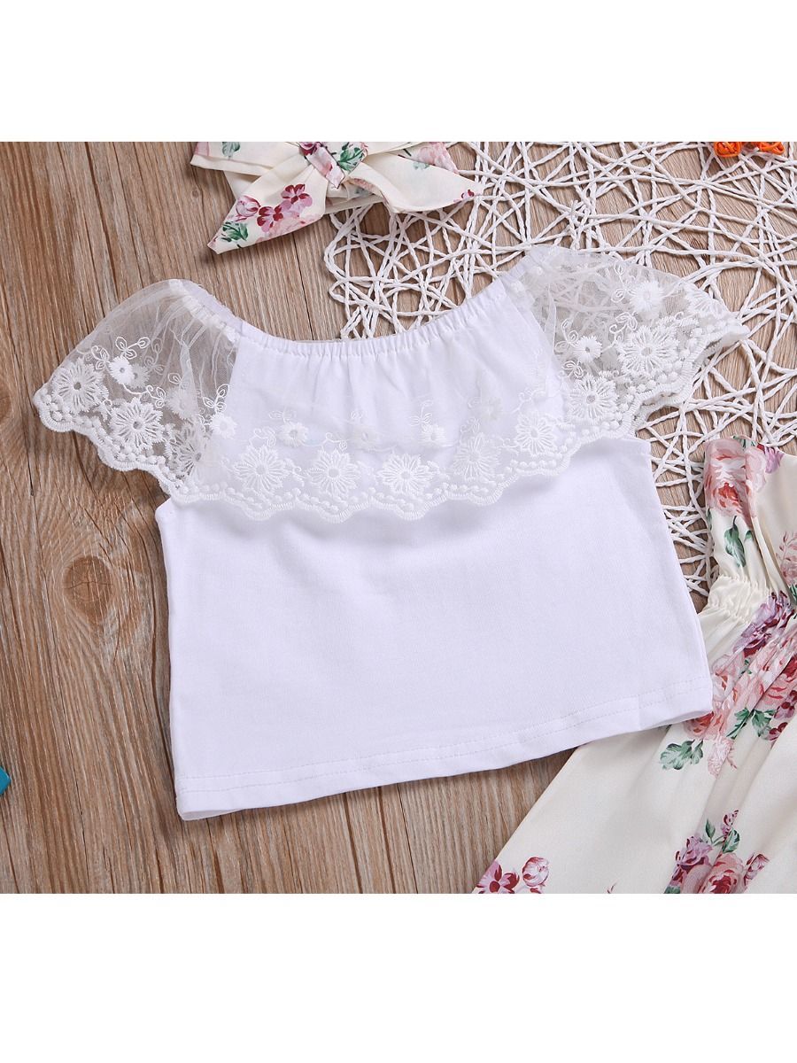 Casual Outing Clothes Outfits Set Flower Lace Collar White T-shirt+ Floral High-waisted Trousers+Headband - dianjiang-