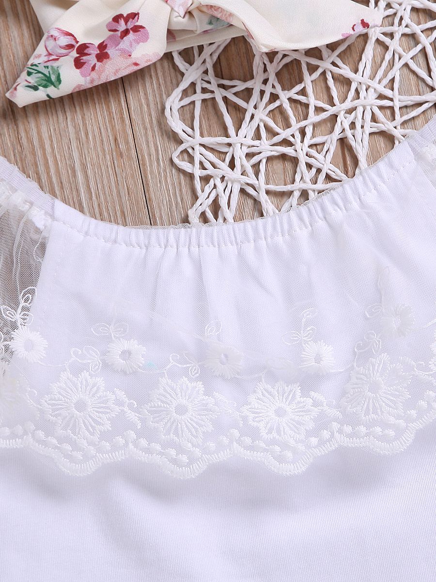 Casual Outing Clothes Outfits Set Flower Lace Collar White T-shirt+ Floral High-waisted Trousers+Headband - dianjiang-