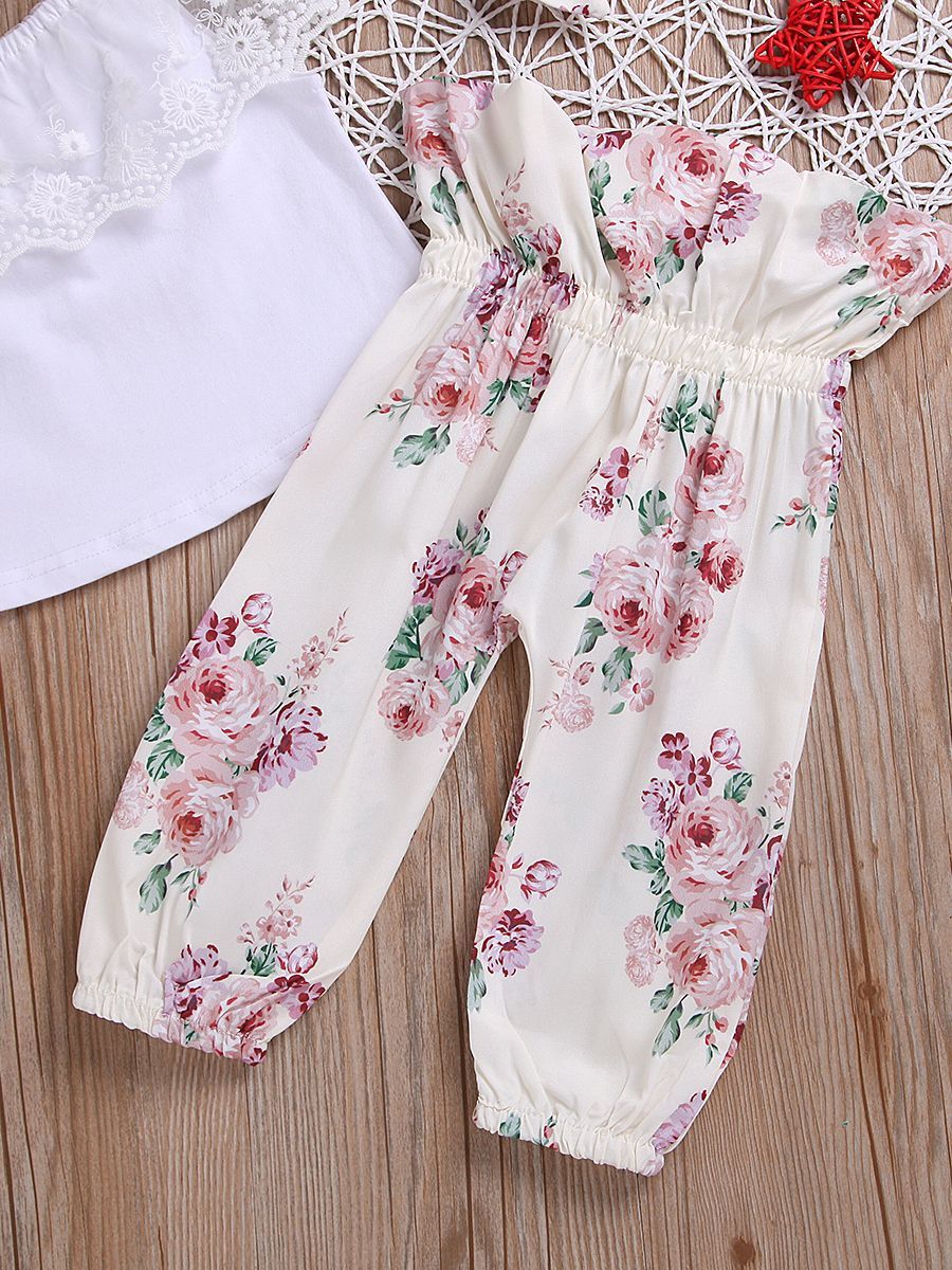 Casual Outing Clothes Outfits Set Flower Lace Collar White T-shirt+ Floral High-waisted Trousers+Headband - dianjiang-