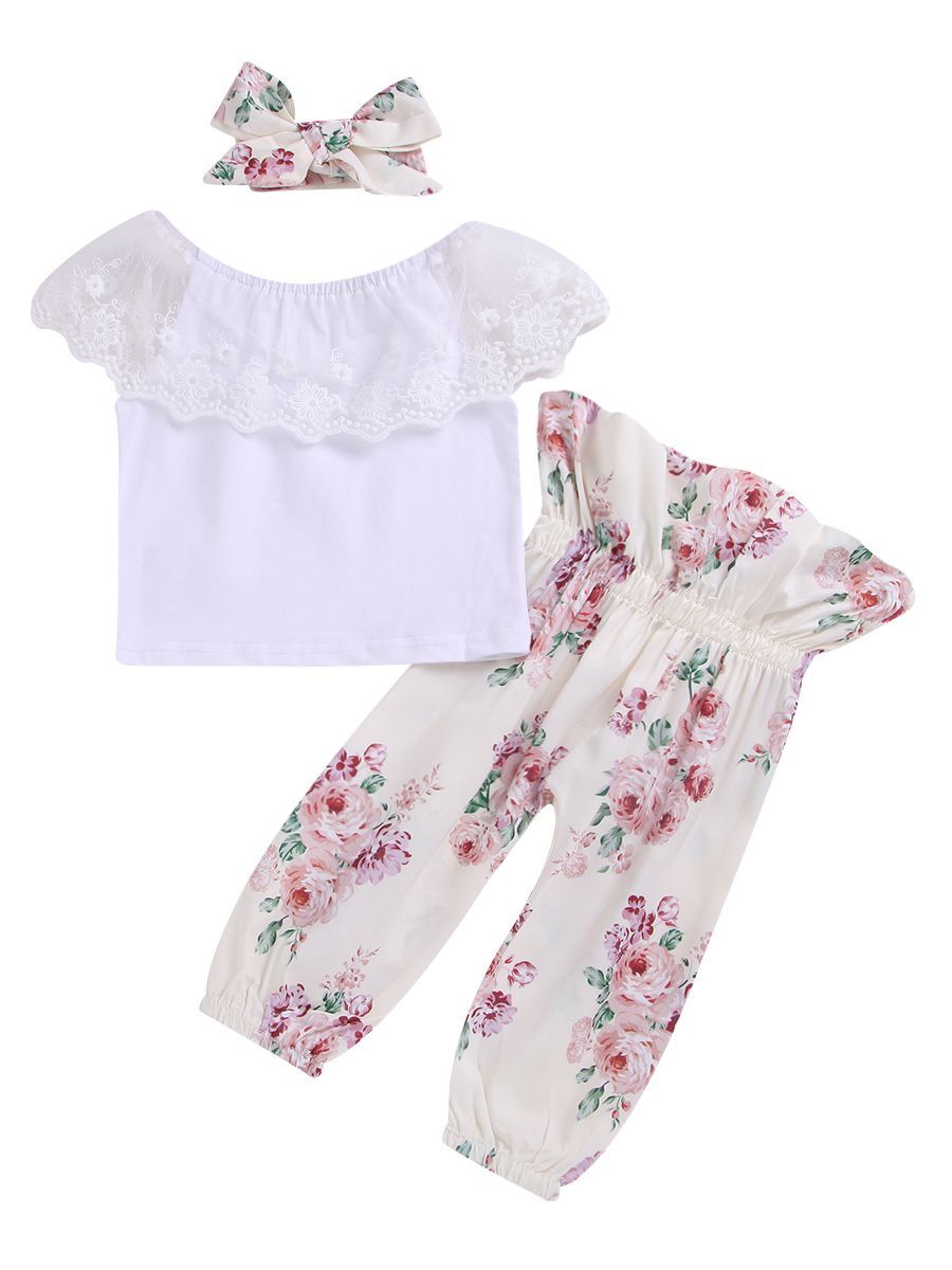 Casual Outing Clothes Outfits Set Flower Lace Collar White T-shirt+ Floral High-waisted Trousers+Headband - dianjiang-