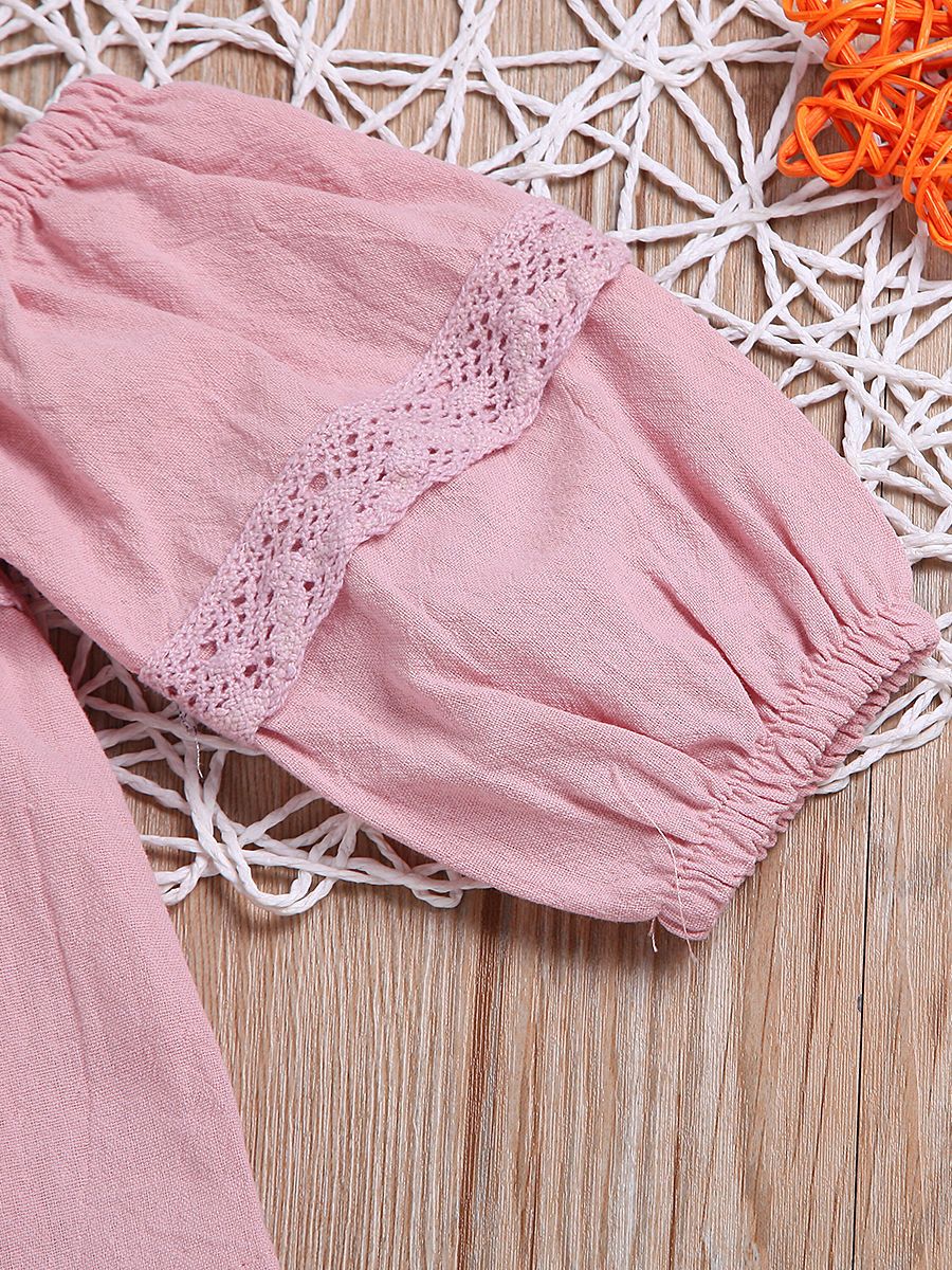 3-piece Casual Clothes Outfits Set Pink Lace-trimmed Shirt Top+ Fringe Hem Ripped Denim Shorts+Red Bow Headband - dianjiang-