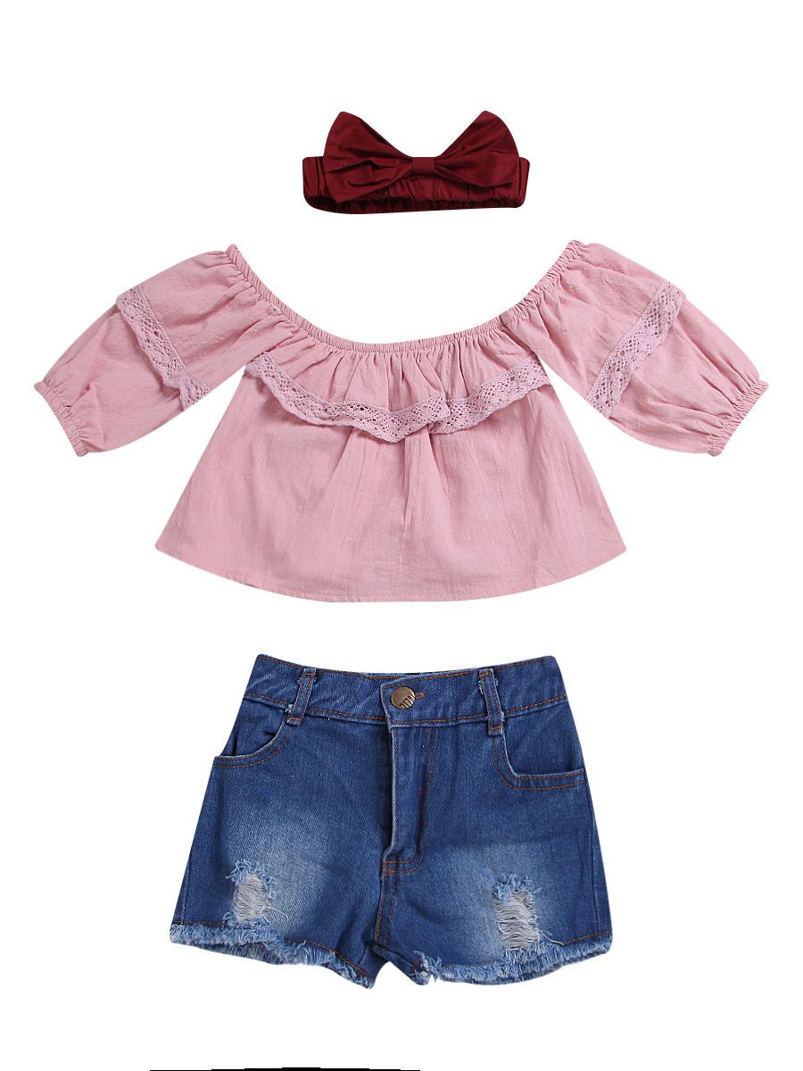 3-piece Casual Clothes Outfits Set Pink Lace-trimmed Shirt Top+ Fringe Hem Ripped Denim Shorts+Red Bow Headband - dianjiang-