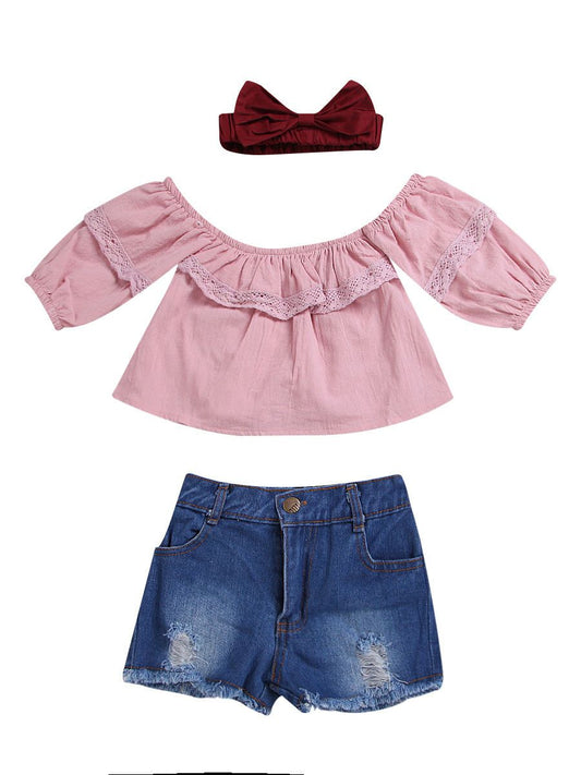 3-piece Casual Clothes Outfits Set Pink Lace-trimmed Shirt Top+ Fringe Hem Ripped Denim Shorts+Red Bow Headband - dianjiang-