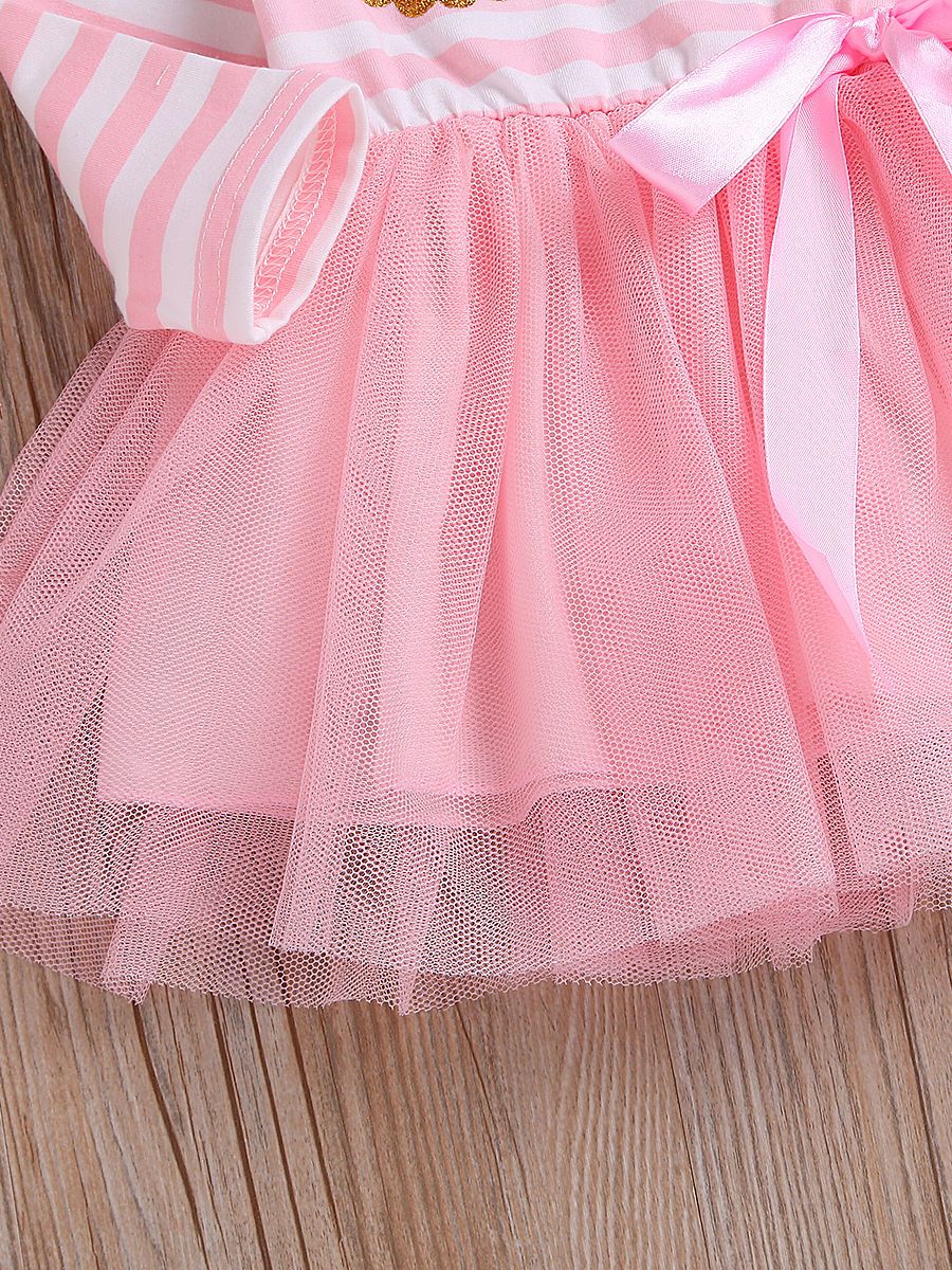 Striped Tulle Patchwork Bow Party Dress with Sequin Bowknot Headband - dianjiang-