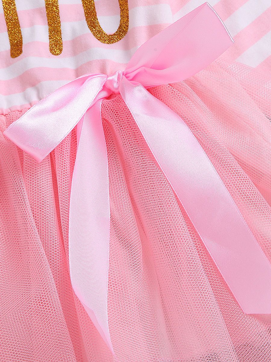 Striped Tulle Patchwork Bow Party Dress with Sequin Bowknot Headband - dianjiang-