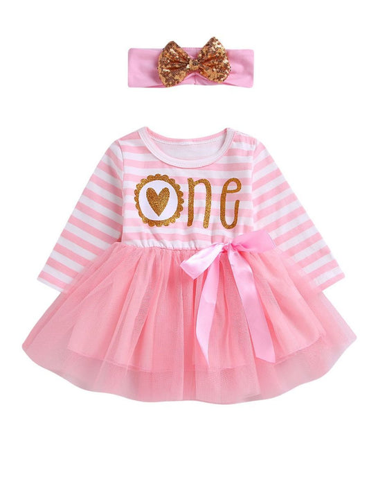 Striped Tulle Patchwork Bow Party Dress with Sequin Bowknot Headband - dianjiang-