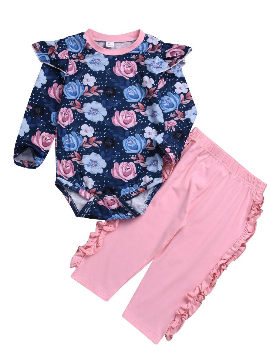 Spring Casual Outing Clothes Set Flutter Sleeve Floral Jumpsuit+ Ruffle Pink Trousers - dianjiang-