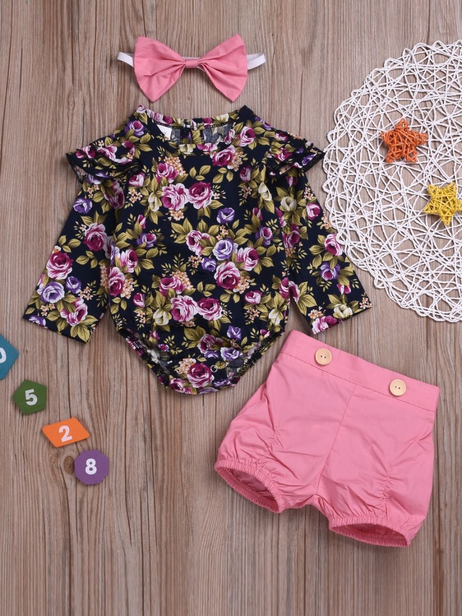 3-Piece Chic Clothes Outfit Set Flutter Sleeve Flower Romper+Pink Shorts+Bow Headband - dianjiang-