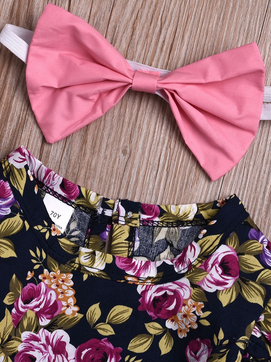 3-Piece Chic Clothes Outfit Set Flutter Sleeve Flower Romper+Pink Shorts+Bow Headband - dianjiang-