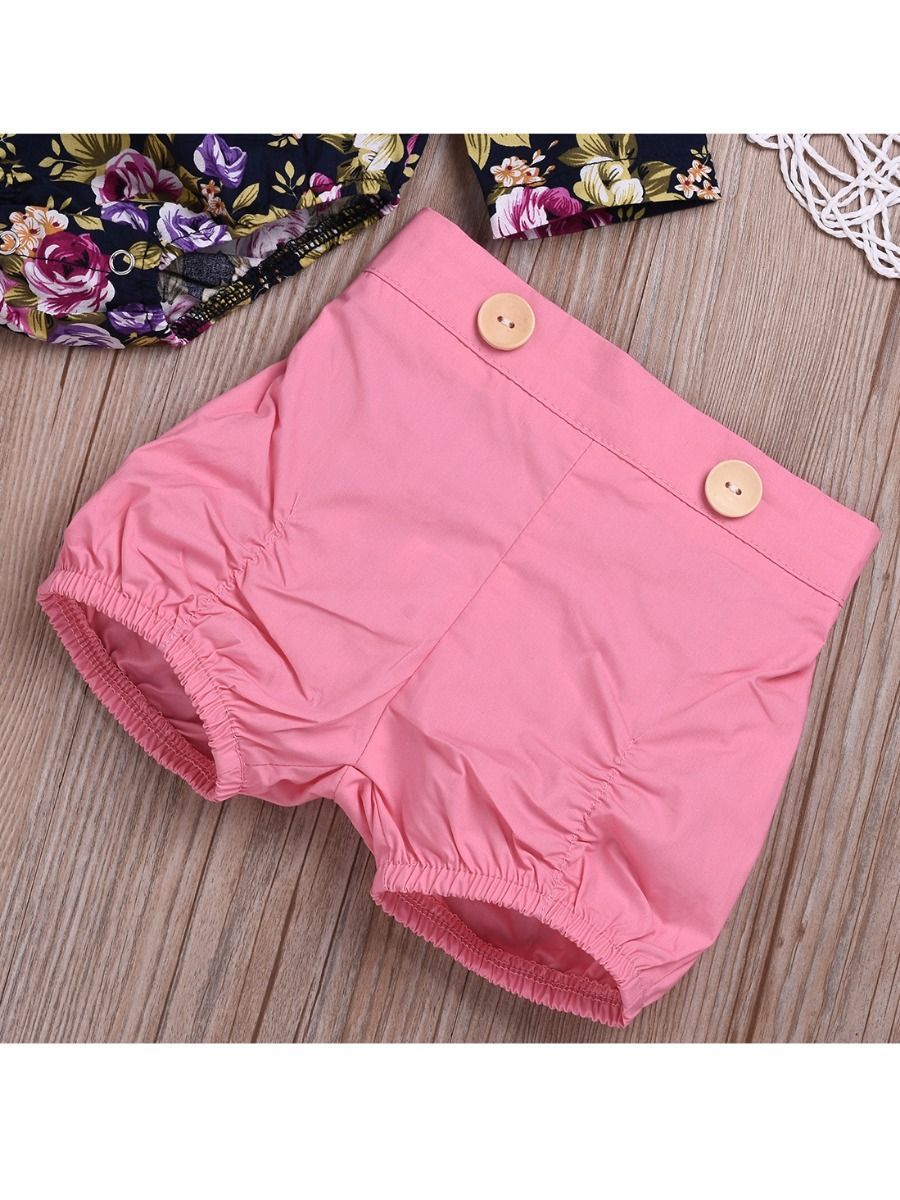 3-Piece Chic Clothes Outfit Set Flutter Sleeve Flower Romper+Pink Shorts+Bow Headband - dianjiang-