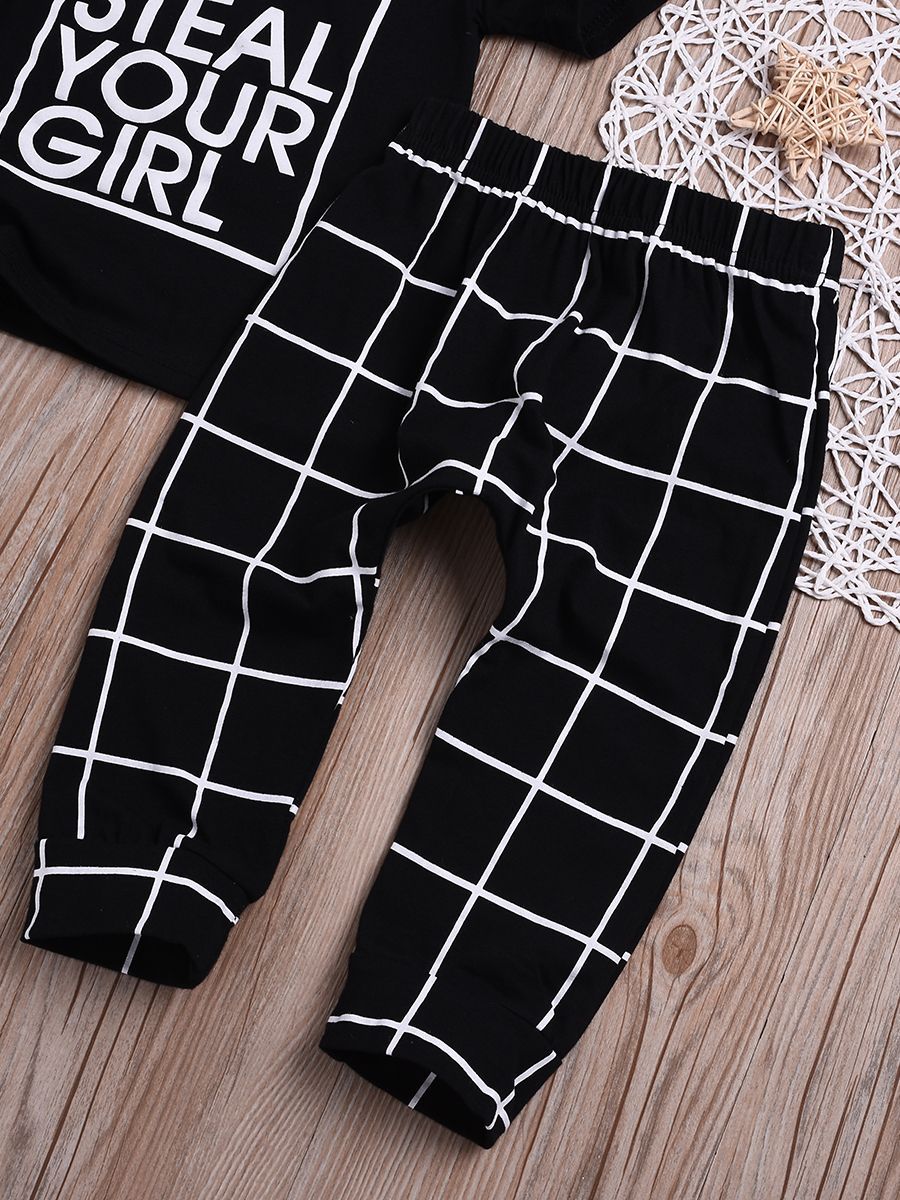 Casaul Clothing Outfits Set Short-sleeved T-shirt+Black Plaid Pants for Spring Summer - dianjiang-