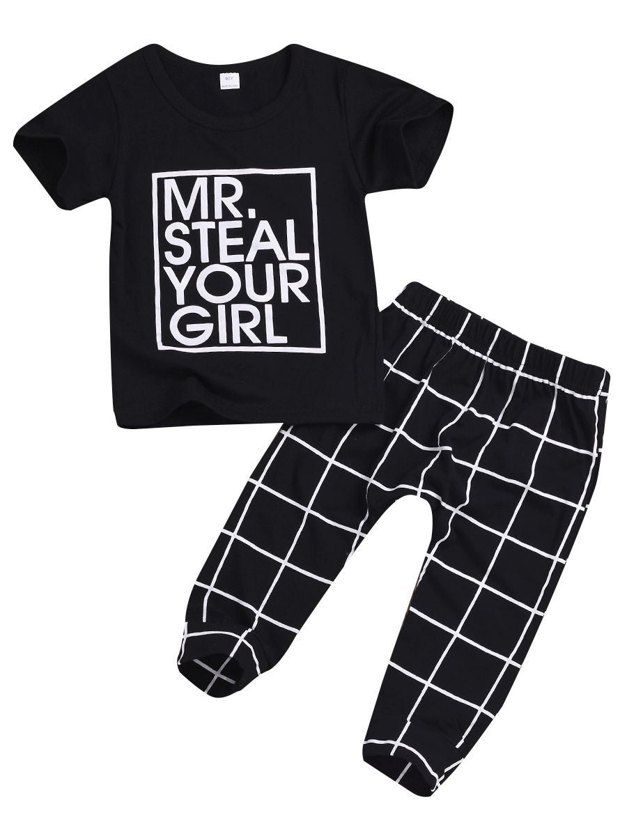 Casaul Clothing Outfits Set Short-sleeved T-shirt+Black Plaid Pants for Spring Summer - dianjiang-