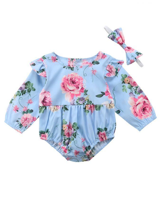 Flutter Sleeve Romper Infant Girl Bodysuit with Headband - dianjiang-
