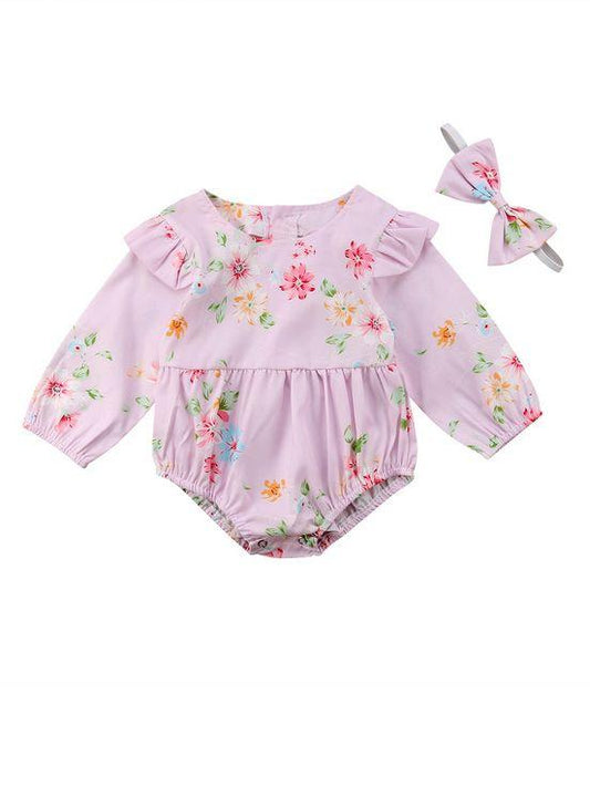 Infant Girl Onesie Flutter Long-sleeved Bodysuit with Headband - dianjiang-