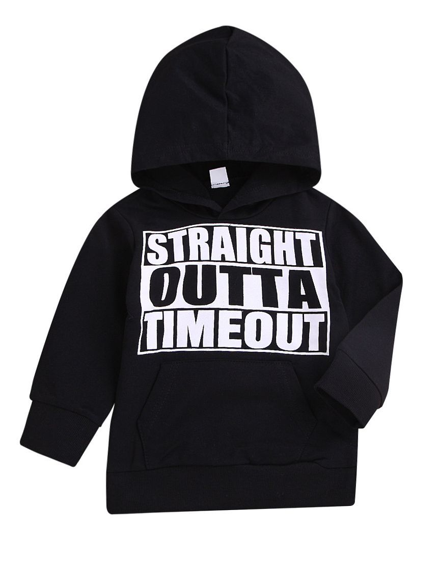 Cool STRAIGHT OUTTA TIMEOUT Letters Print Black Hoodie Sweatshirt - dianjiang-