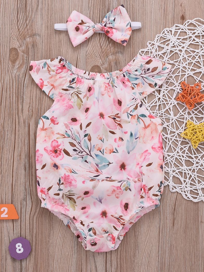 Summer Infant Girl Onesies Short-sleeved Flower Bodysuit with Headband - dianjiang-