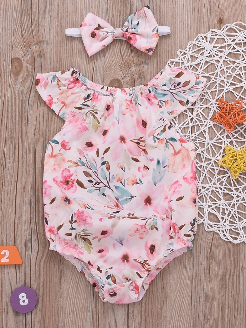 Summer Infant Girl Onesies Short-sleeved Flower Bodysuit with Headband - dianjiang-