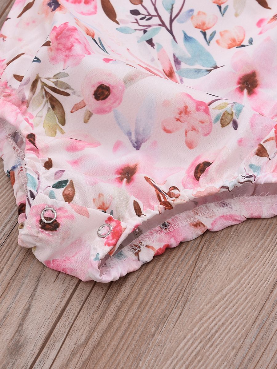 Summer Infant Girl Onesies Short-sleeved Flower Bodysuit with Headband - dianjiang-