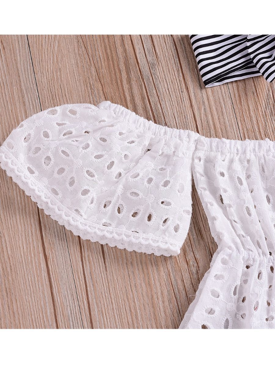 Infant Girl Clothes Outfits Set White Hollow Out Blouse+Striped Panties+Headband - dianjiang-