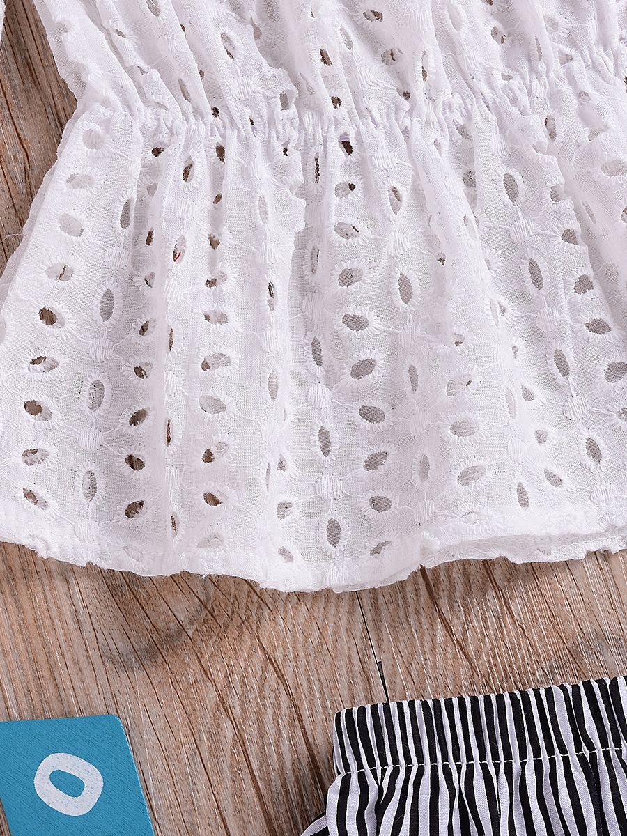 Infant Girl Clothes Outfits Set White Hollow Out Blouse+Striped Panties+Headband - dianjiang-