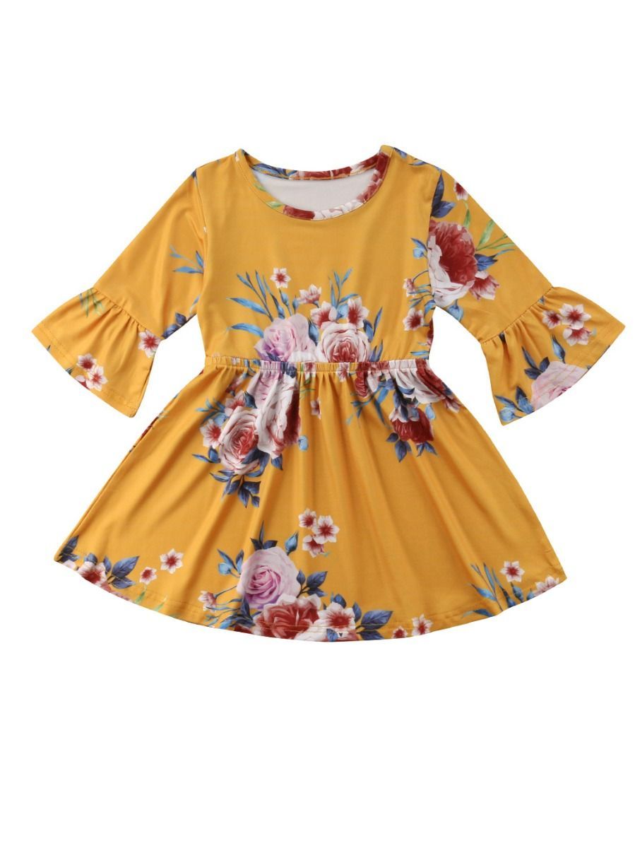 Vintage Bell-sleeved Flower One-Piece Dress for Spring Autumn Baby Little Girl - dianjiang-