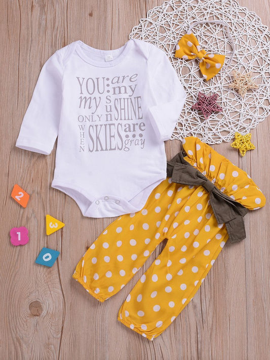 3-piece Stylish Outfits Letters Print Bodysuit + Bow Polka Dots Pants +Headband - dianjiang-