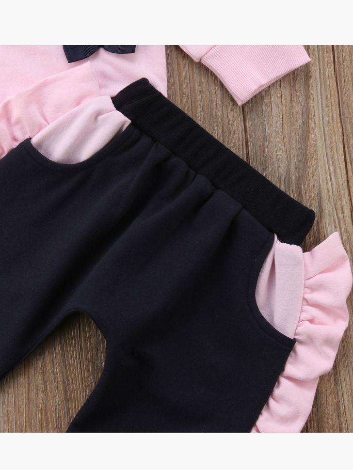 Pink 3-piece Outfits Baby Little Girl Bow Jumper and Ruffle Pants and Bowknot Headband - dianjiang-