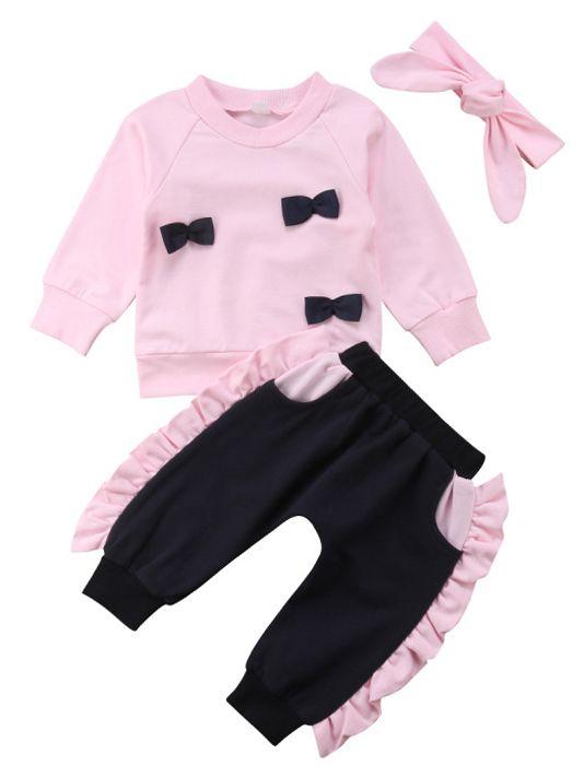 Pink 3-piece Outfits Baby Little Girl Bow Jumper and Ruffle Pants and Bowknot Headband - dianjiang-