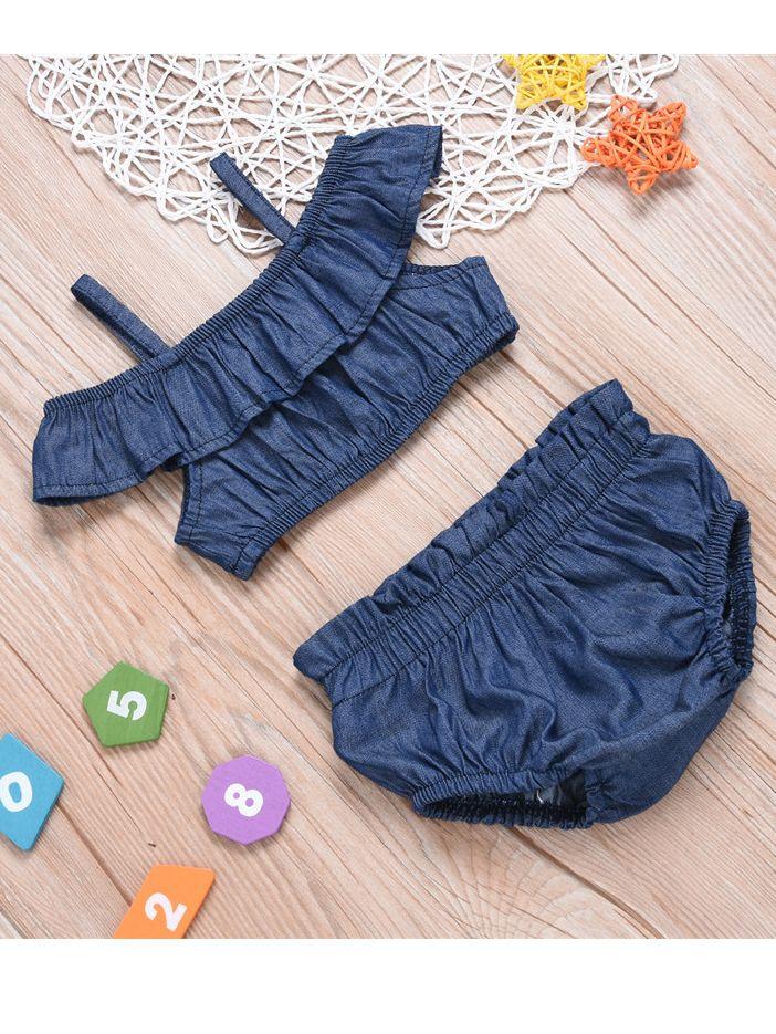 2-piece Baby Girl Denim Suspender Ruffle Crop Top + Bread Pants - dianjiang-