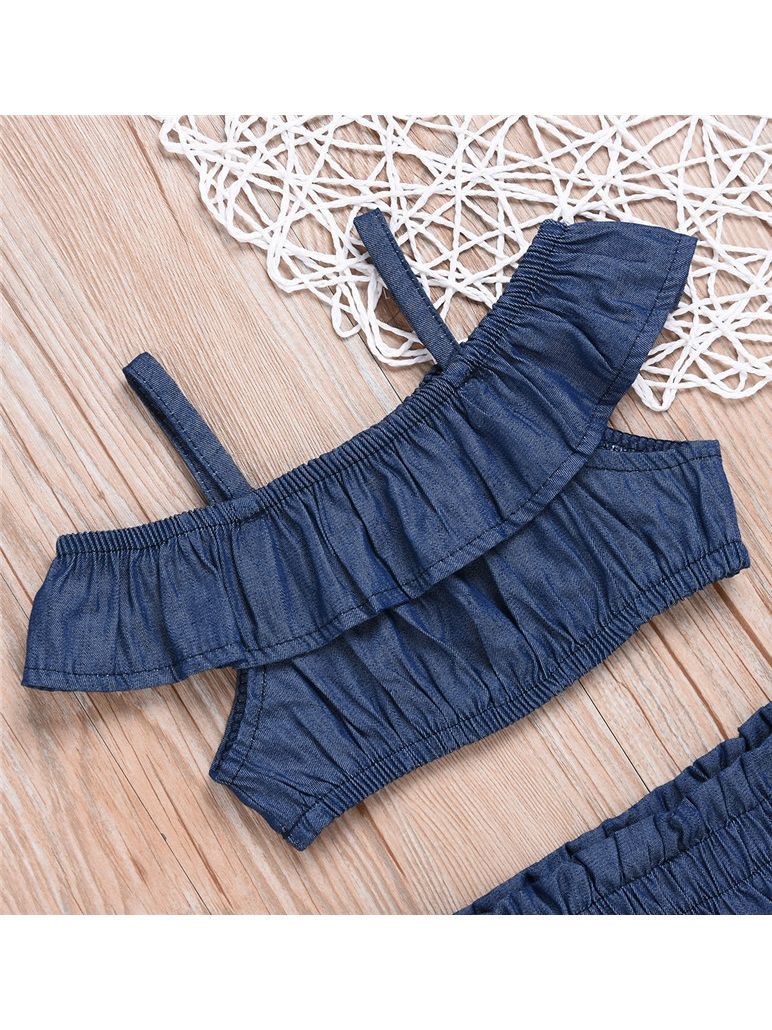 2-piece Baby Girl Denim Suspender Ruffle Crop Top + Bread Pants - dianjiang-