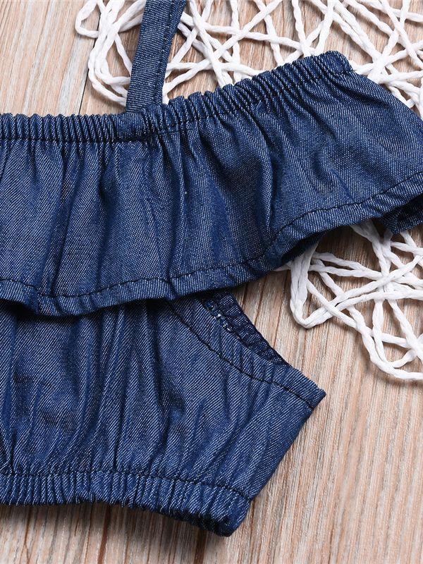 2-piece Baby Girl Denim Suspender Ruffle Crop Top + Bread Pants - dianjiang-