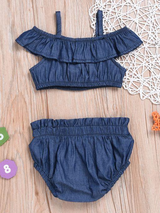 2-piece Baby Girl Denim Suspender Ruffle Crop Top + Bread Pants - dianjiang-