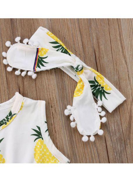 Pineaple Print Pom Pom Trimmed Sleeveless Baby Onesie + Headband - dianjiang-