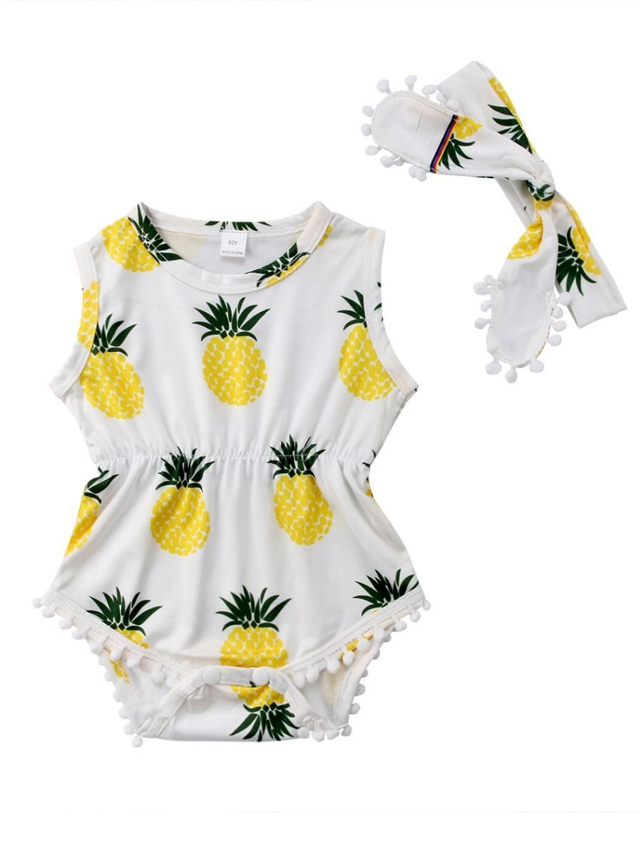 Pineaple Print Pom Pom Trimmed Sleeveless Baby Onesie + Headband - dianjiang-
