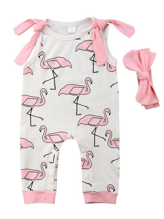 Cartoon Red-crowned Crane Sleeveless Jumpsuit Overalls with Pink Headband - dianjiang-