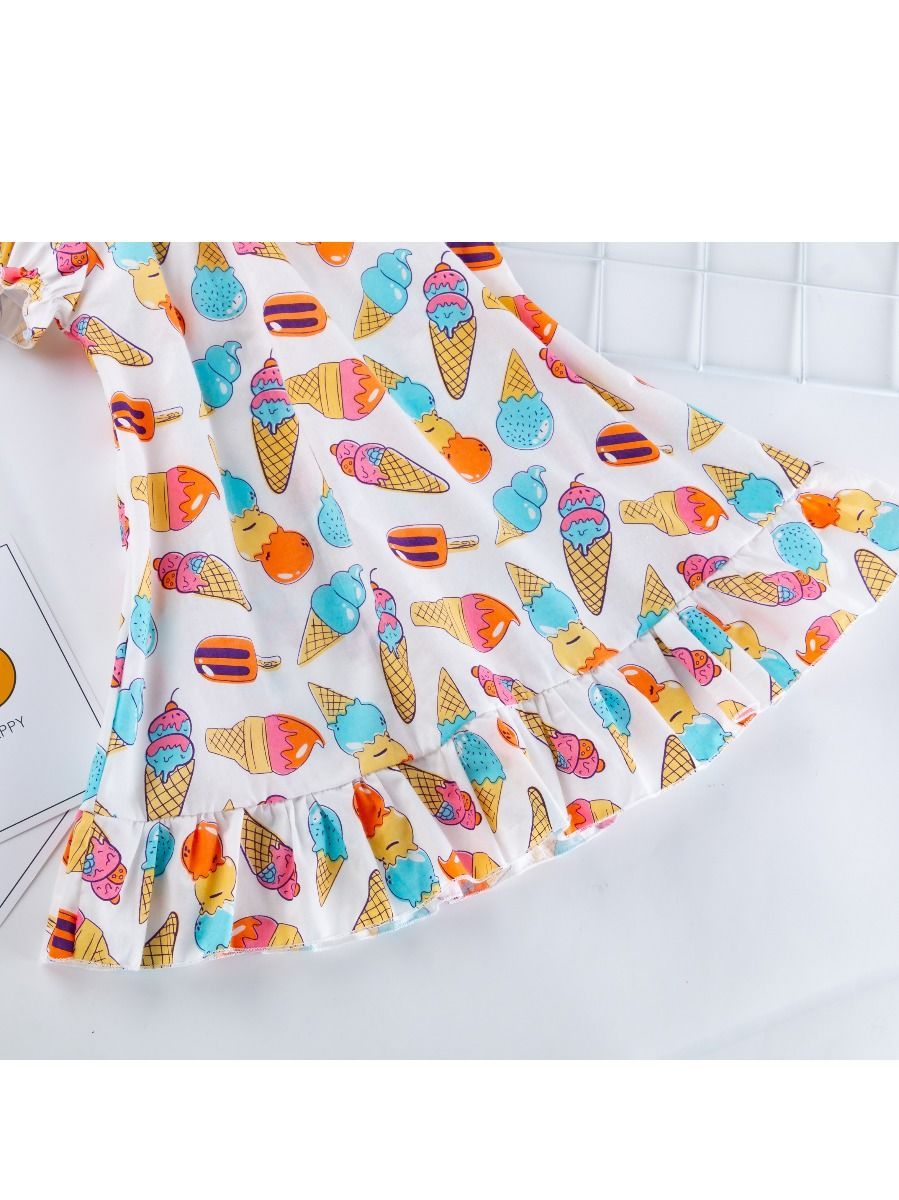 Cute Baby Little Girl Clothes Ice-cream Print Ruffle Dress with Headband - dianjiang-